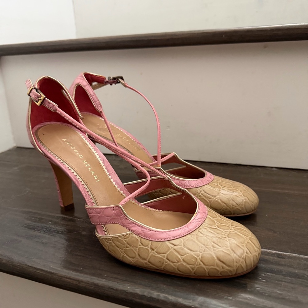 VTG Antonio Melanie Color Block Sexy Strappy Croc Embossed Leather Heels 7.5
